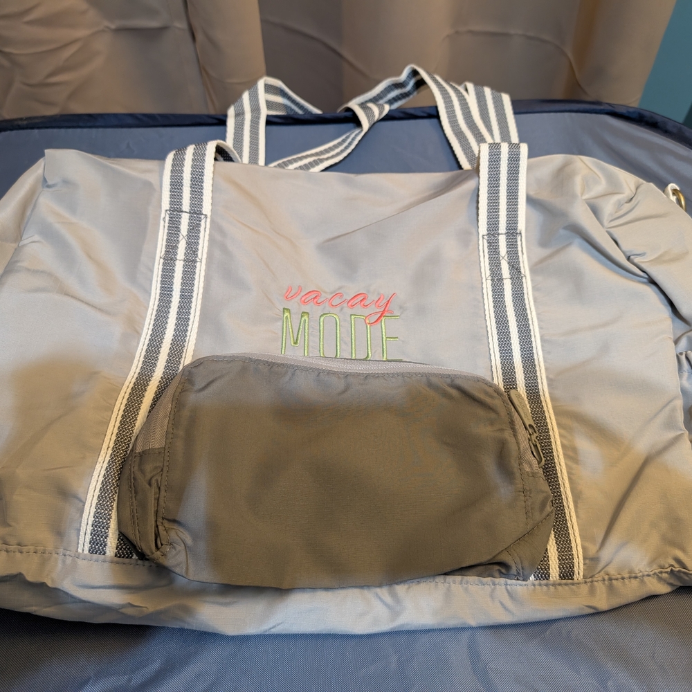 Thirty-One Gray Travel Bag with Striped Straps